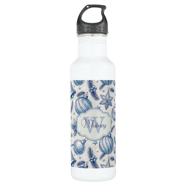 Custom Monogram Blue Toile Weihnachtsschmuck Edelstahlflasche (Vorderseite)