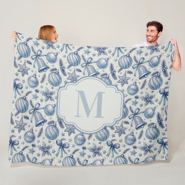 Custom Monogram Blue Toile Weihnachtsschmuck Fleecedecke (Beispiel)