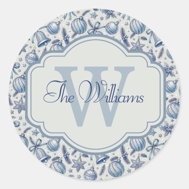 Custom Monogram Blue Toile Weihnachtsschmuck Runder Aufkleber (Vorderseite)