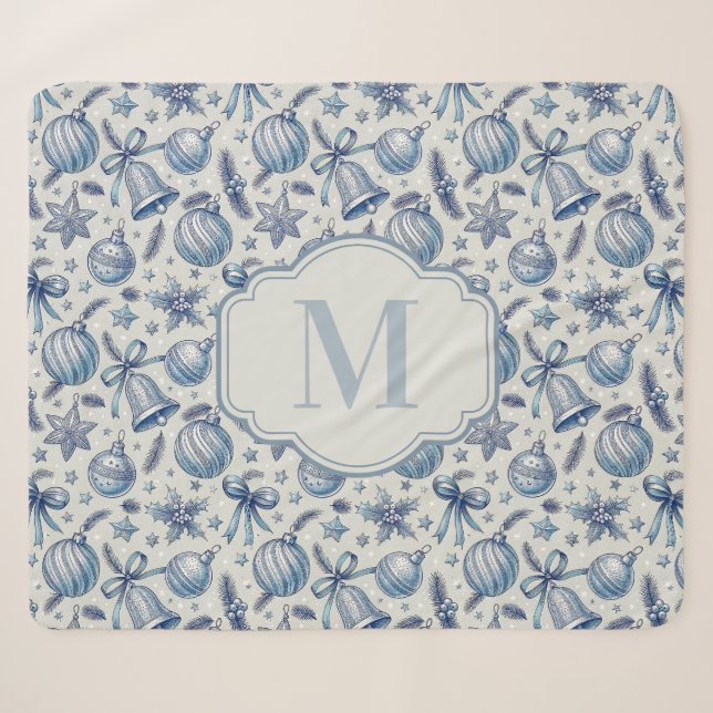 Custom Monogram Blue Toile Weihnachtsschmuck Sherpadecke (Vorderseite (Horizontal))