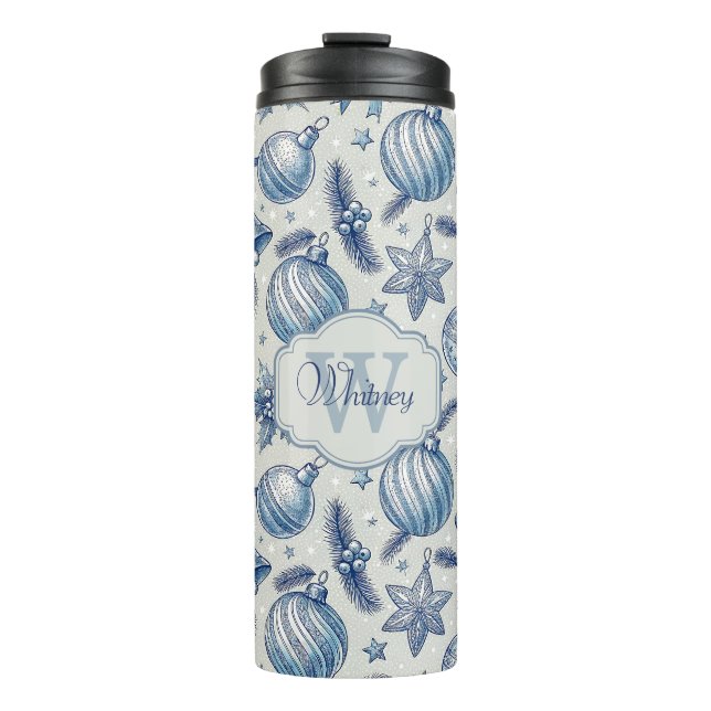 Custom Monogram Blue Toile Weihnachtsschmuck Thermosbecher (Vorderseite)