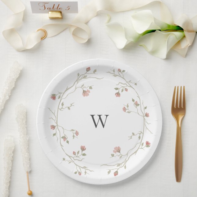 Custom Monogram Blush and Sage Wedding Plate Pappteller (Hochzeit)
