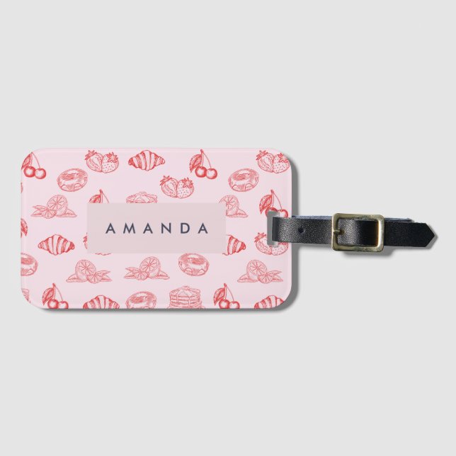 Custom Monogram Charming Girly Cherry Strawberry Gepäckanhänger (Vorderseite (Horizontal))