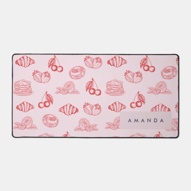 Custom Monogram Charming Girly Cherry Strawberry Schreibtischunterlage (Vorderseite)