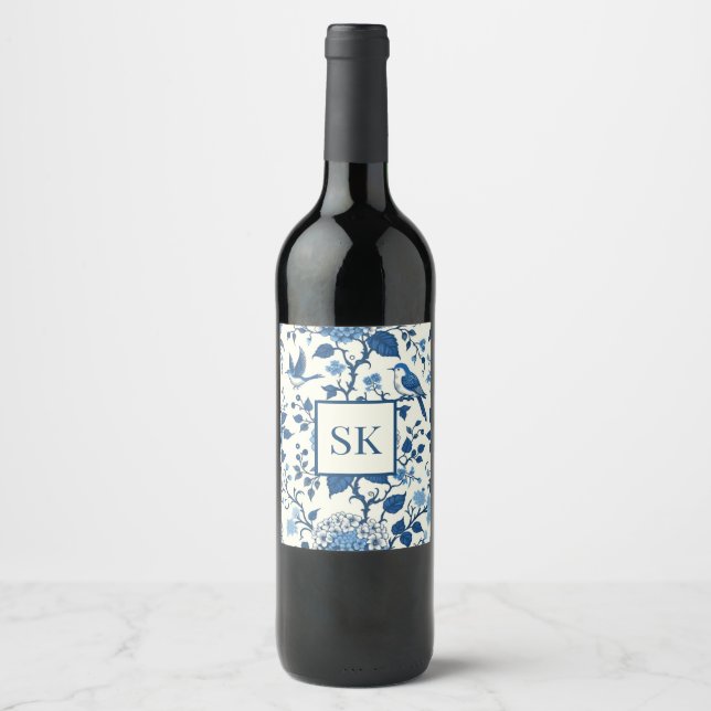 Custom Monogram Chinoiserie Blue und White Weinetikett (Vorderseite)