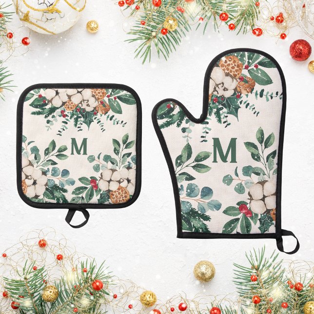 Custom Monogram Christmas Greenery Ofenhandschuh & Topflappen-Set (Von Creator hochgeladen)