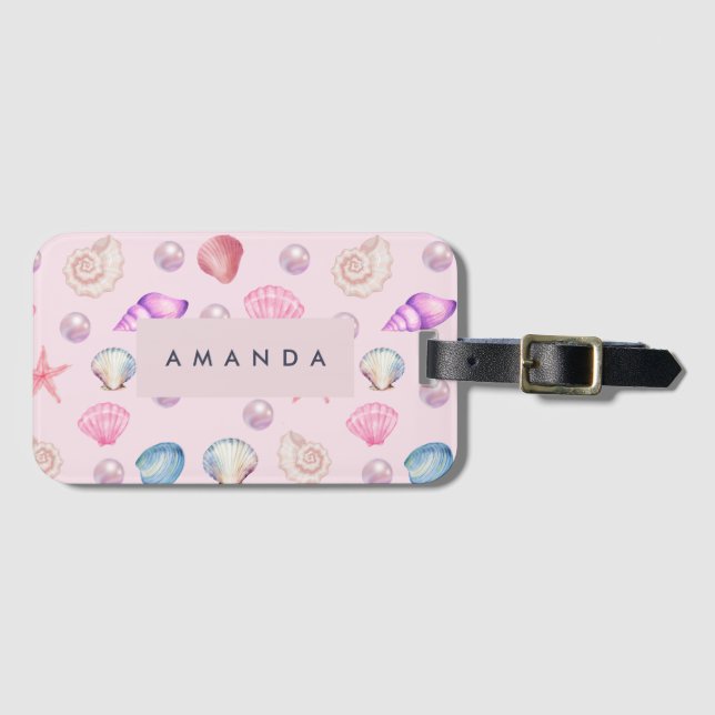Custom Monogram Coastal Seashell Pearl Ocean Gesch Gepäckanhänger (Vorderseite (Horizontal))