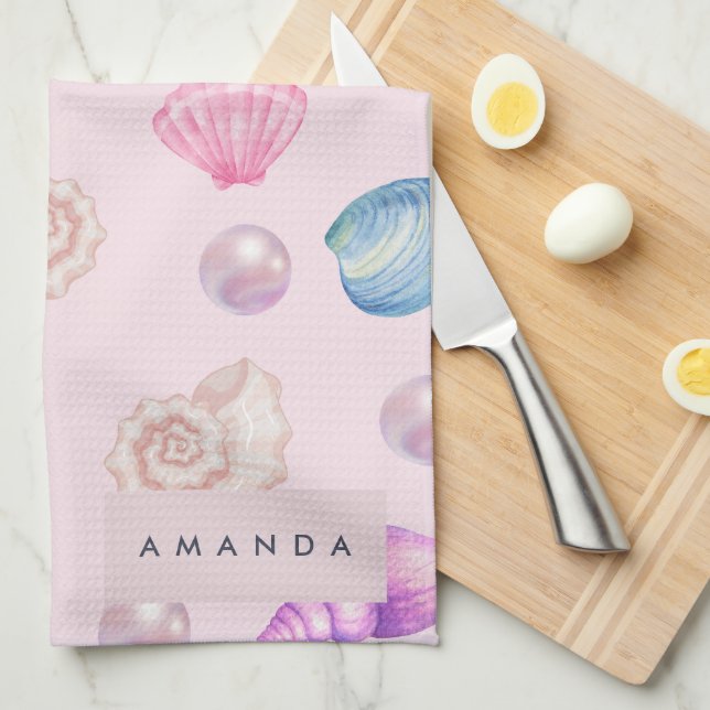 Custom Monogram Coastal Seashell Pearl Ocean Gesch Geschirrtuch (Viertel Falte)