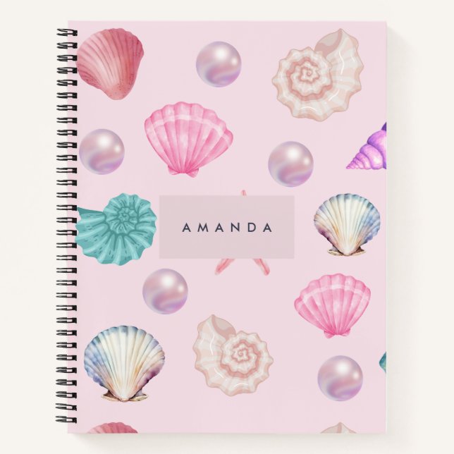 Custom Monogram Coastal Seashell Pearl Ocean Gesch Notizbuch (Vorderseite)