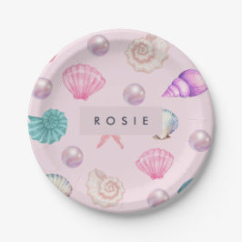 Custom Monogram Coastal Seashell Pearl Ocean Gesch Pappteller