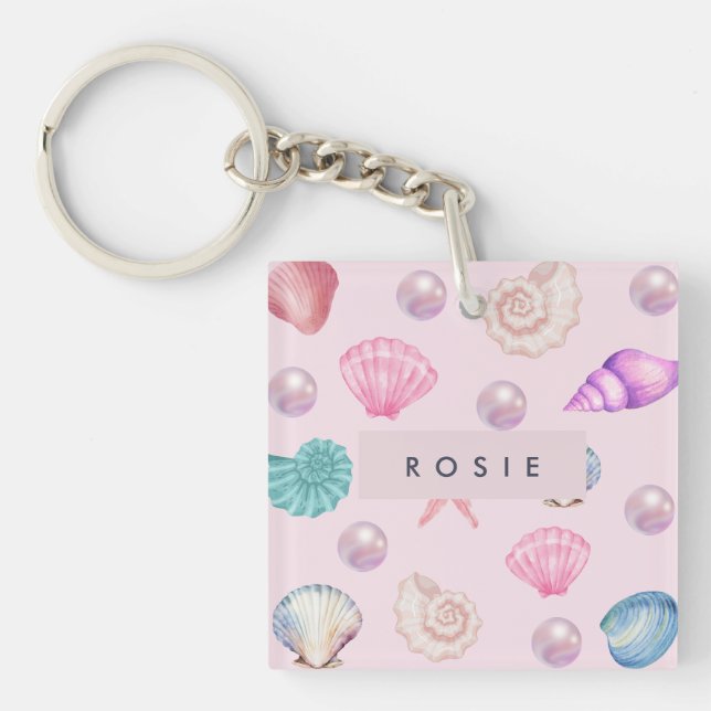 Custom Monogram Coastal Seashell Pearl Ocean Gesch Schlüsselanhänger (Vorderseite)