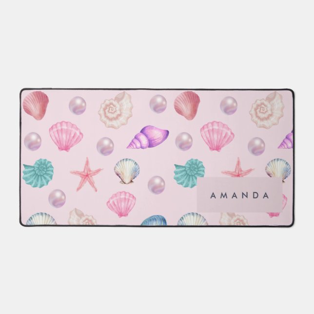 Custom Monogram Coastal Seashell Pearl Ocean Gesch Schreibtischunterlage (Vorderseite)
