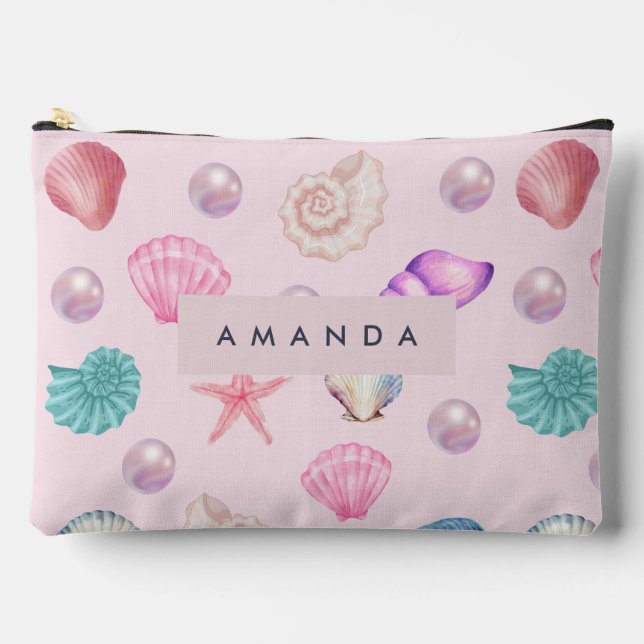 Custom Monogram Coastal Seashell Pearl Ocean Gesch Zubehörtasche (Vorderseite)