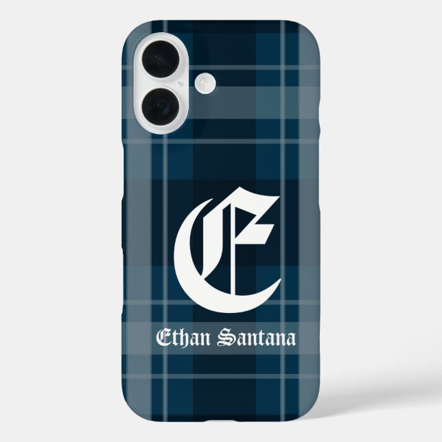 Custom Monogram Dark Blue Kariert iPhone 16 Hülle (Rückseite)