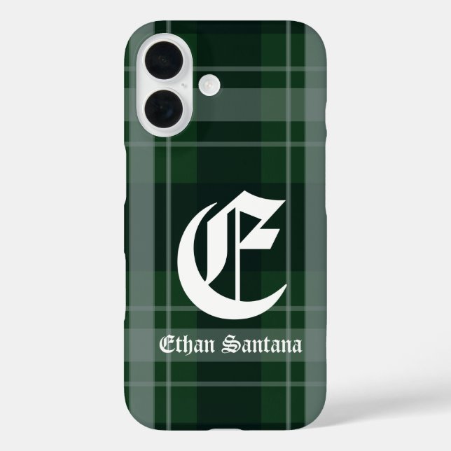 Custom Monogram Dunkelgrün Kariert iPhone 16 Hülle (Rückseite)