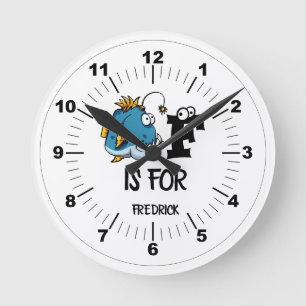 Custom monogram F is for Fish cartoon illustration Runde Wanduhr
