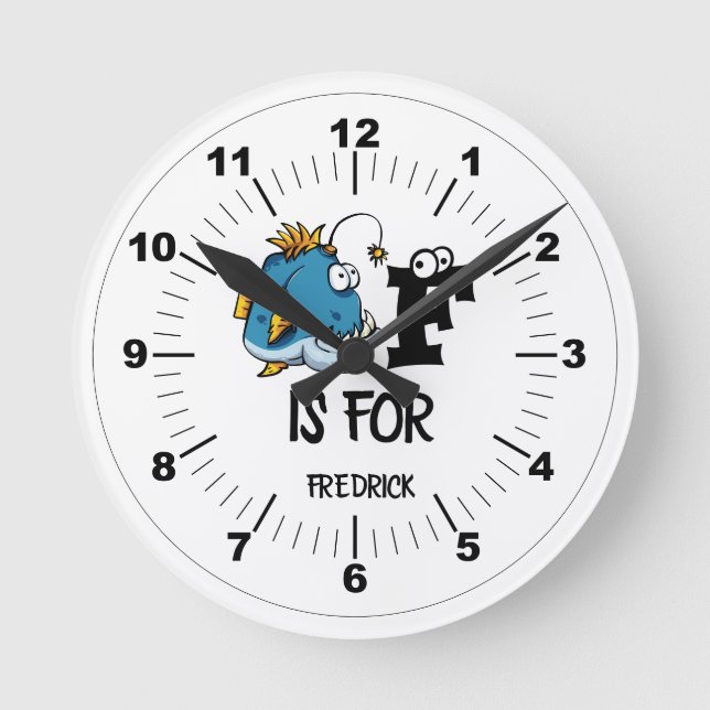 Custom monogram F is for Fish cartoon illustration Runde Wanduhr (Vorderseite)