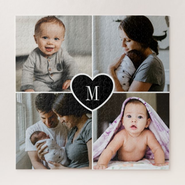 Custom Monogram Family Foto Collage Black Heart (Vertikal)