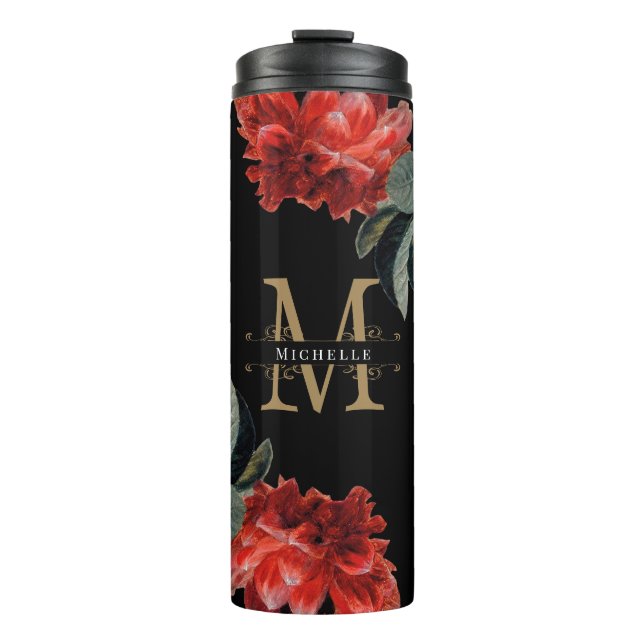 Custom Monogram Floral Red Gold Elegant Black Thermosbecher (Vorderseite)