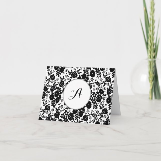 Custom Monogram Flower Pattern Black and White Dankeskarte (Vorderseite)