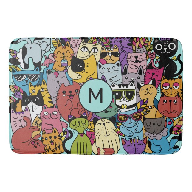 Custom Monogram Funny Cats Illustration Badematte (Vorderseite)