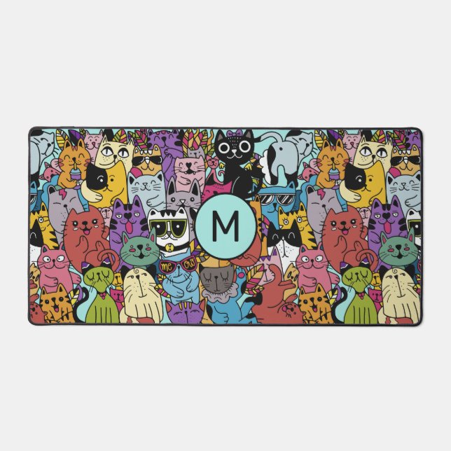 Custom Monogram Funny Cats Illustration Schreibtischunterlage (Vorderseite)