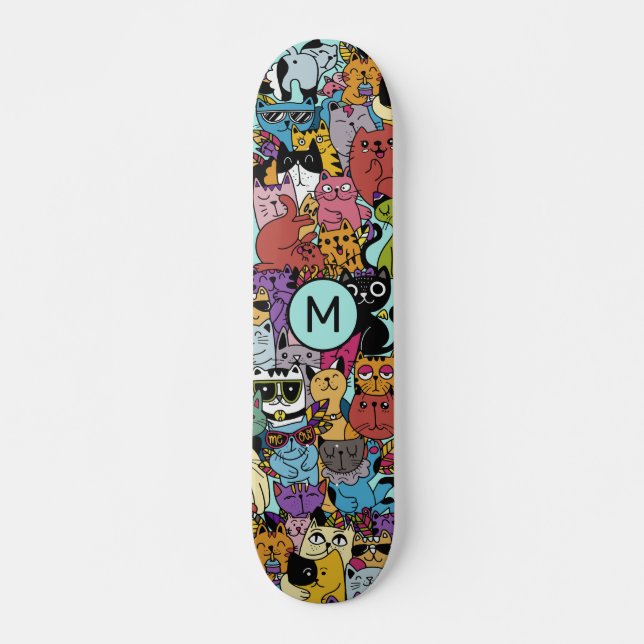 Custom Monogram Funny Cats Illustration Skateboard (Vorne)