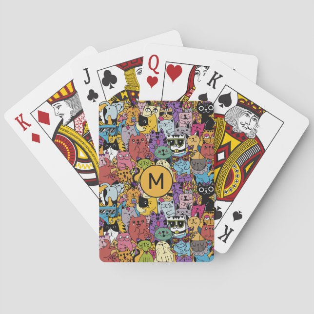 Custom Monogram Funny Cats Illustration Spielkarten (Rückseite)