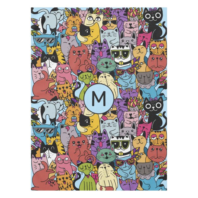 Custom Monogram Funny Cats Illustration Tischdecke (Vorderseite)