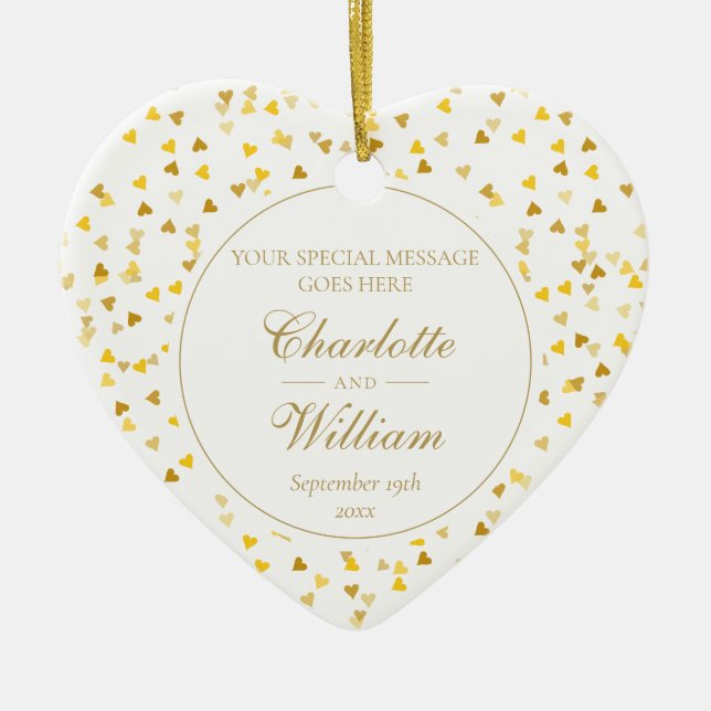 Custom Monogram Gold Hearts Confetti Wedding Keramik Ornament (Vorne)