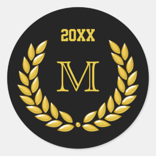 Custom Monogram Gold Laurel Wreath auf Black Runder Aufkleber