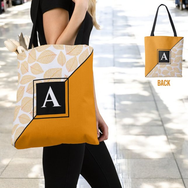 Custom Monogram Gold Yellow Leaf Muster Diagonal Tasche (front and back shoulder tote bag design with initial letter monogram )