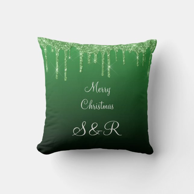 Custom Monogram Green Christmas Glitzer Tropfen Kissen (Vorderseite)