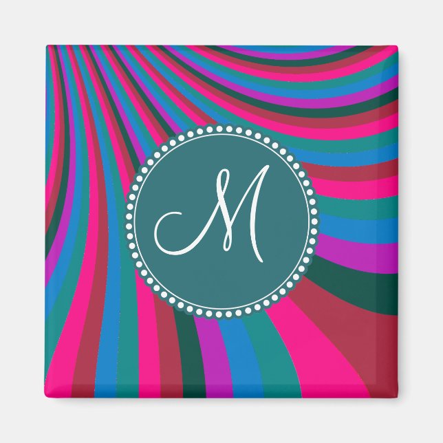 Custom Monogram Groovy Magenta Blue Stripes Magnet (Vorne)
