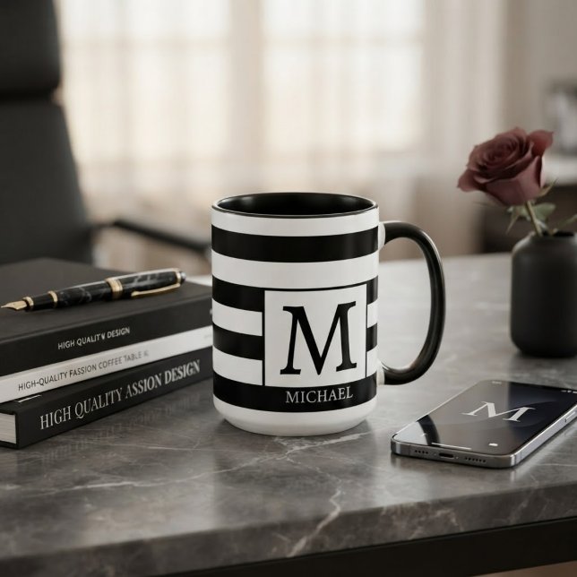 Custom Monogram Initial Name Black  White Stripes Tasse (Von Creator hochgeladen)