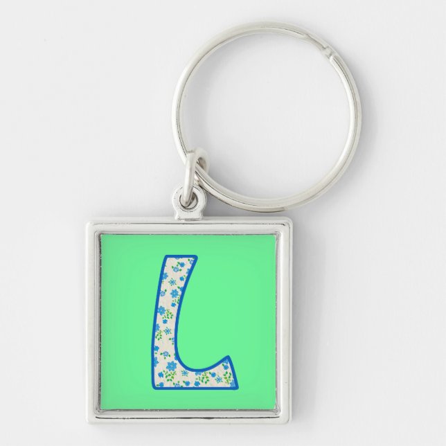 Custom Monogram L Schlüsselanhänger, Blue Floral P Schlüsselanhänger (Vorne)