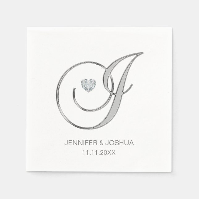 Custom Monogram Letter J Silver Heart Wedding Serviette (Vorderseite)