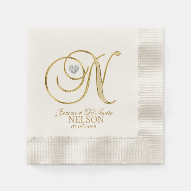 Custom Monogram Letter N Gold Heart Wedkin Napkin Serviette (Vorderseite)