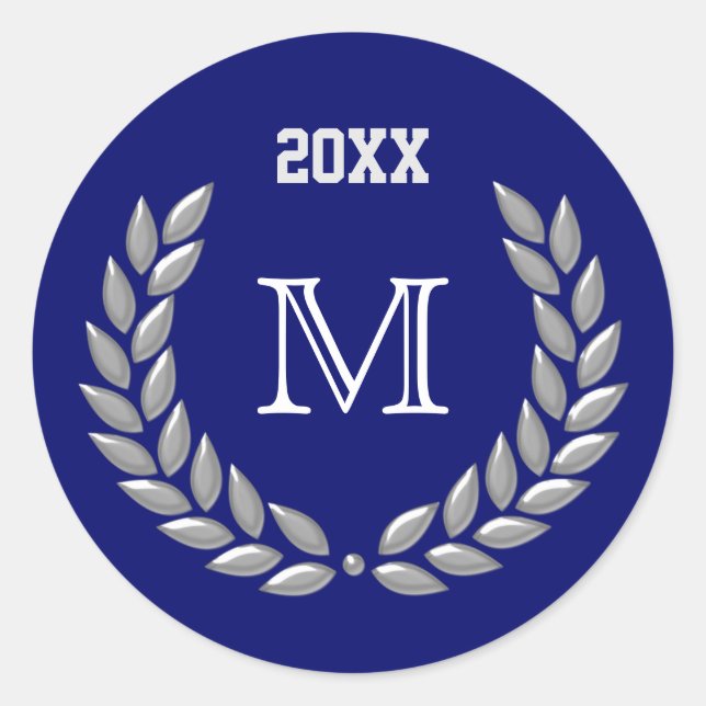 Custom Monogram Light Gray Laurel Wreath on Blue Runder Aufkleber (Vorderseite)