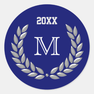 Custom Monogram Light Gray Laurel Wreath on Blue Runder Aufkleber