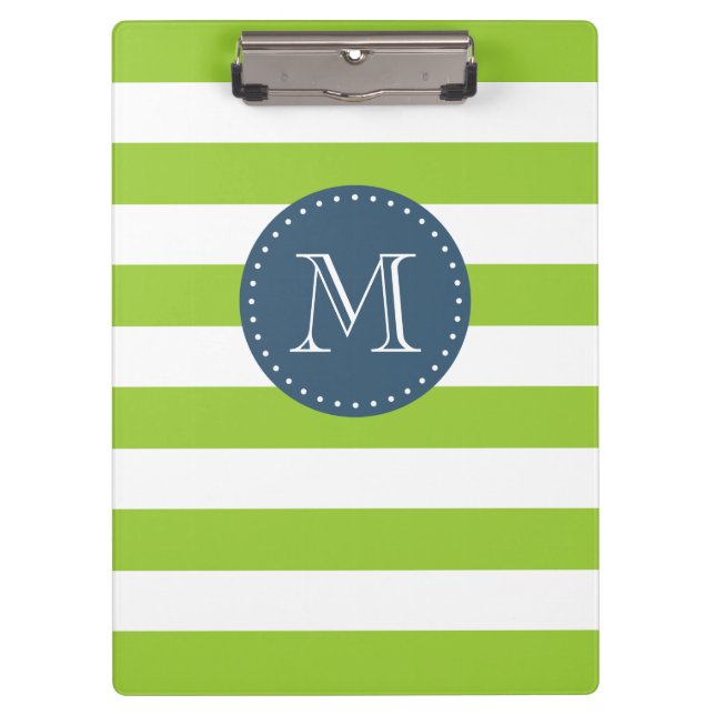 Custom Monogram Lime Green und Navy Bold Strips Klemmbrett (Vorderseite)