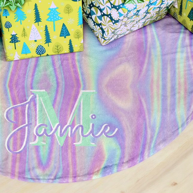Custom Monogram Metallic Rainbow Iridescent Girl Polyester Weihnachtsbaumdecke (Von Creator hochgeladen)