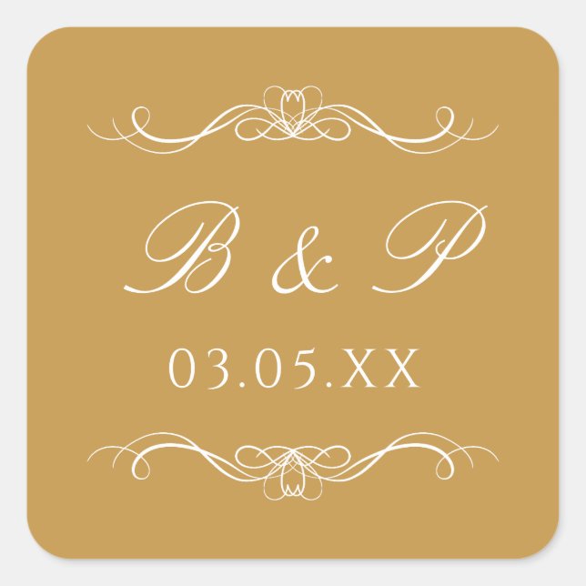 Custom Monogram Modern Elegant Gold Swirl Wedding Quadratischer Aufkleber (Vorderseite)