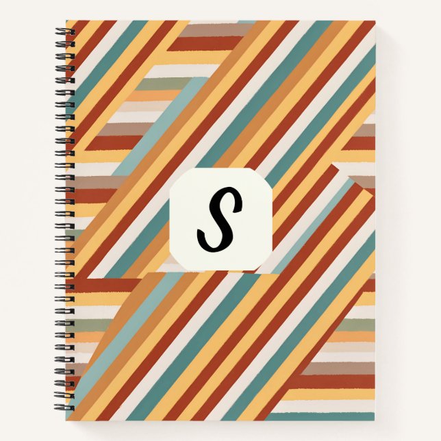 Custom Monogram Modern Retro 70er Geometric Deluxe Notizbuch (Vorderseite)