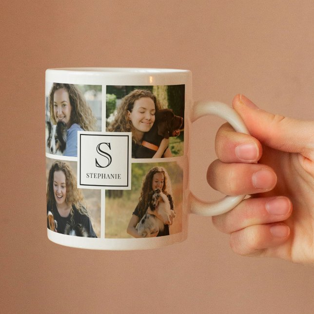 Custom Monogram & Name 4 Photo Collage Grid  Kaffeetasse (Von Creator hochgeladen)