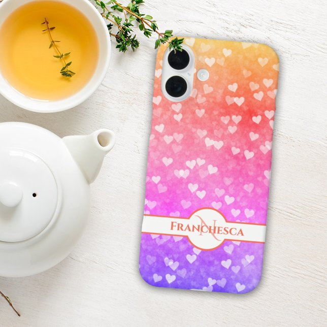 Custom Monogram Name Rainbow Heart Bokeh Art iPhone 16 Plus Hülle (personalized name and monogram iPhone case)