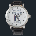 Custom Monogram Name Trauzeuge Gfit Wedding Armbanduhr<br><div class="desc">Diese einzigartige Uhr ist als Geschenk für Ihren Trauzeuge konzipiert. Enthält das Monogramm / Initial; Vorname und Datum der Hochzeit. Es gibt sogar eine einzigartige Anordnung des Monogramms - sehen Sie genau hin und Sie werden drei Farben sehen, was ihm das Gefühl der Tiefe gibt. Ein besonderes Dankeschön für die...</div>
