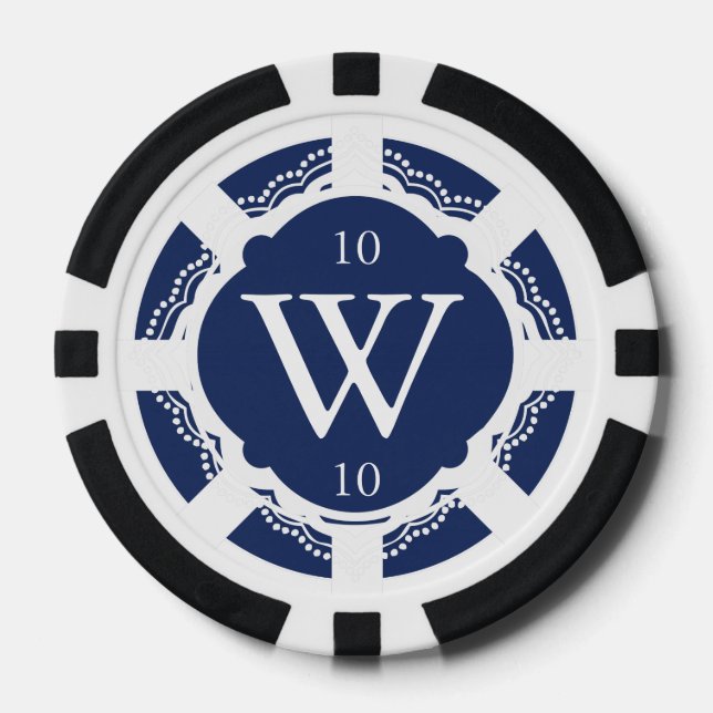 Custom Monogram Navy Blue and White Poker Chips (Vorderseite)