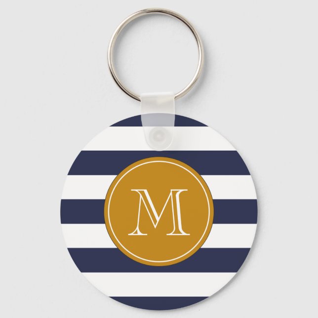 Custom Monogram Navy Blue Strips Schlüsselanhänger (Vorderseite)