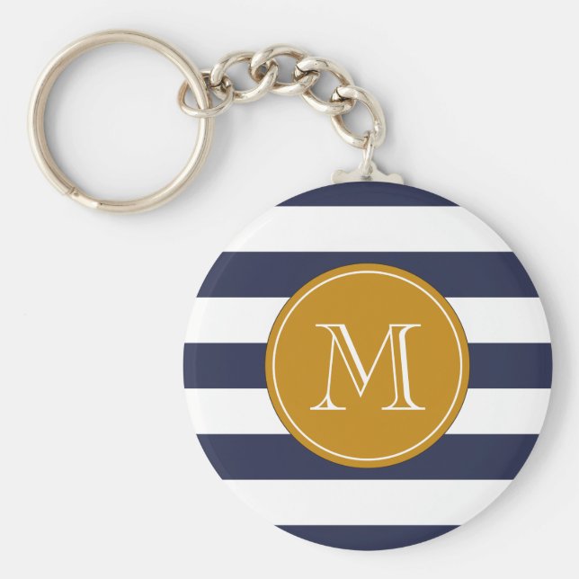 Custom Monogram Navy Blue Strips Schlüsselanhänger (Vorne)